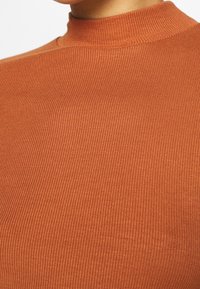 Primo piano di una persona che indossa un maglione a coste di colore ruggine con un colletto alto.