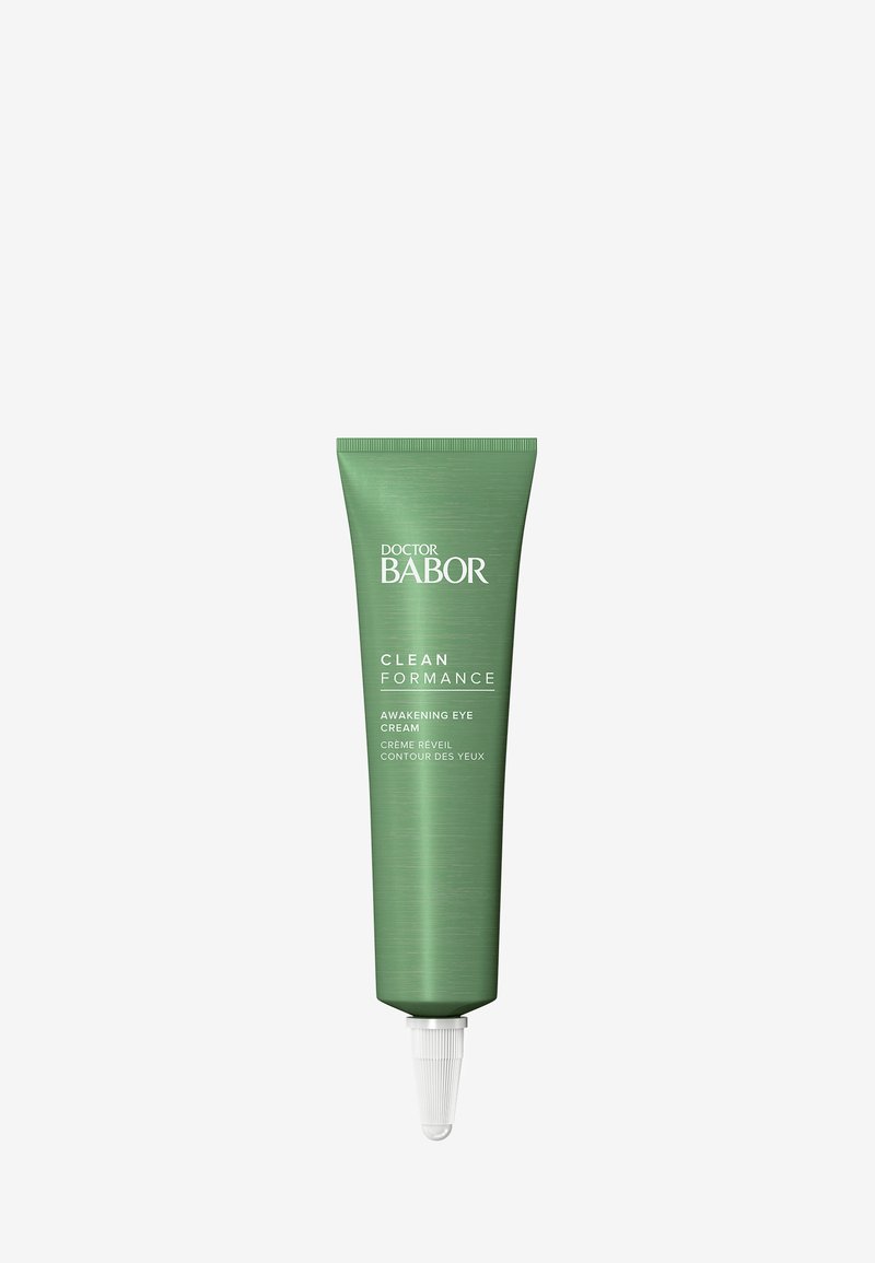 Tube verte de la crème pour les yeux Clean Formance Awakening de Doctor Babor avec un embout pointu. Design épuré, finition mate, texte blanc.