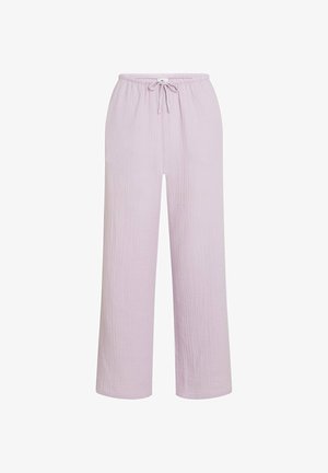 Svetlo vijolične hlače širokih hlačnic z teksturirano tkanino. Imajo elastični pas in vrvico za prilagodljivo prileganje.