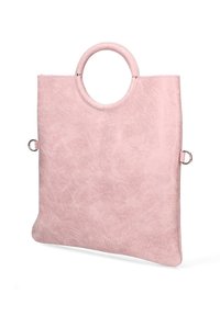 Roze faux suede tote bag met een ronde handgreep en zijringetjes. Glad oppervlak, minimalistisch ontwerp en rechthoekige vorm.