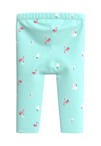 Hellblaue Leggings mit einem Muster aus pinken Flamingos und floralen Designs. Hergestellt aus weichem, dehnbarem Stoff mit Knöchellänge.