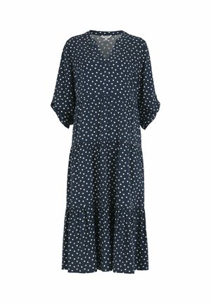 Marineblaues Midikleid mit weißen Polka-Dots, V-Ausschnitt, Dreiviertelärmeln und gestufter Rockpartie.
