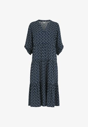 Marineblå midi-kjole med hvide polkaprikker, V-hals, trekvart-ærmer og lagdelt nederdelsdetalje.
