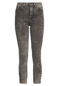 Svarta tvättade skinny jeans med hög midja, som har frampockets, dragkedja och knappdetaljer vid fållen. Texturerat denimmaterial.