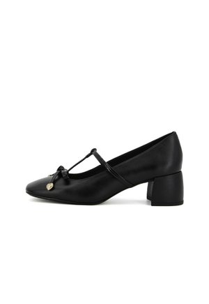 Scarpe con tacco a blocco in pelle nera, con punta affusolata, dotate di cinturino alla caviglia regolabile e un nastro decorativo annodato nella parte anteriore per un tocco di stile.