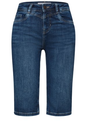 Shorts en denim bleu foncé jusqu'aux genoux avec bouton sur le devant, fermeture éclair, passants de ceinture et design classique à cinq poches.