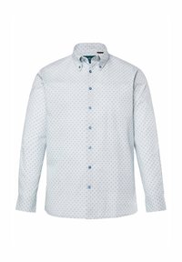 Světle modr á košile s dlouhým rukávem a límečkem na knoflíky, zdobená puntíkovaným vzorem a modrými knoflíky. Vyrobena z tkané textilie.