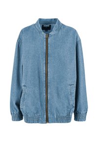 Svetle modrá džínová bomber bunda se zipem vpředu, elastickými manžetami a lemem, stojáčkovým límcem a bočními kapsami.