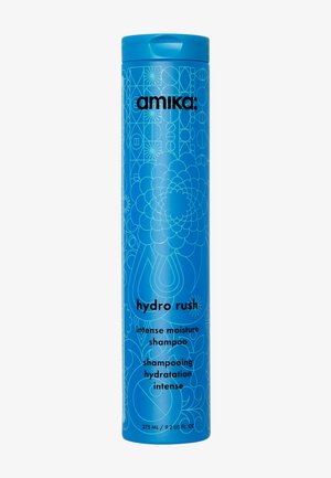 Blau zylindrische Flasche des Amika Hydro Rush intensiver Feuchtigkeits-Shampoos, mit weißen Linienkunstmustern und schwarzem Text auf der Vorderseite.