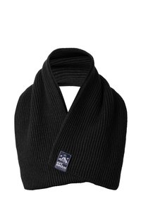 Black ribbed knit scarf with a triangular shape and a stitched logo patch featuring mountains and text in white and blue. Soft texture.