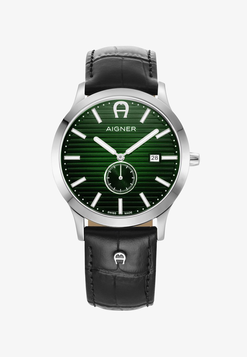 Sølv rustfrit stål ur med en grøn stribet urskive, hvide time markører, subur, sort læderrem og dato vindue kl. 3.