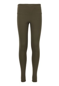 Olivgröna leggings gjorda av ett slätt, stretchigt material. Hög midja utan synliga sömmar, figurnära design och hel längd på benen.