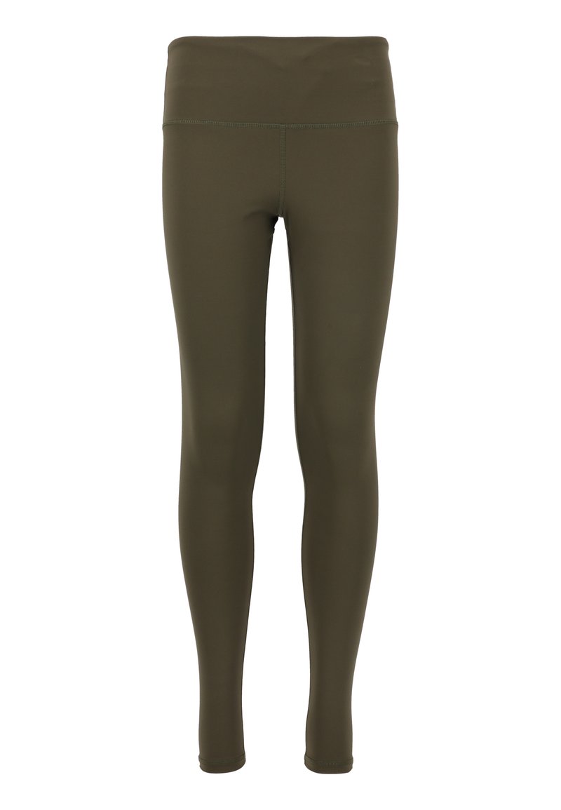 Olivgröna leggings gjorda av ett slätt, stretchigt material. Hög midja utan synliga sömmar, figurnära design och hel längd på benen.