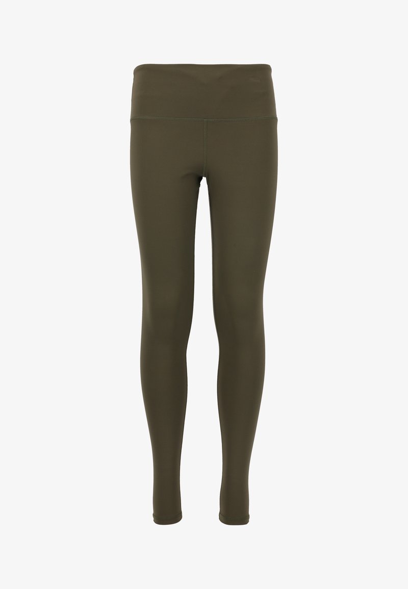 Olijfgroene leggings gemaakt van glad, rekbaar materiaal. Hoge tailleband zonder zichtbare naden, aansluitend ontwerp en lengte tot op de enkels.