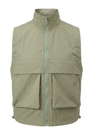 Gilet senza maniche verde chiaro con collo alto, zip frontale e due grandi tasche frontali.