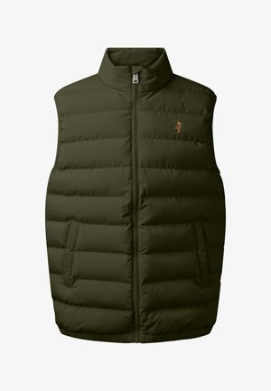 Padded vest in olive green with high collar, front zipper, and two side pockets. Features a quilted texture and a small logo on the chest.