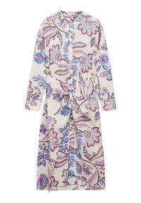 Abito a maniche lunghe in tessuto leggero con un motivo floreale nei toni rosa, blu e beige, con chiusura frontale a bottoni e dettaglio in vita con laccetto.