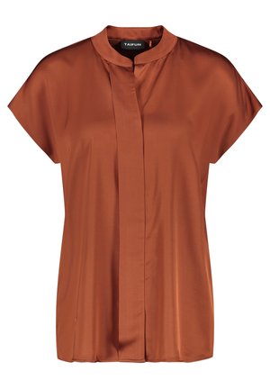 Kurzärmlige, rostfarbene Bluse mit Stehkragen und verdeckter Knopfleiste, glatter satinähnlicher Stoff, Markenetikett innen am Kragen.