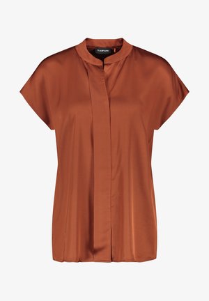 Roestkleurige blouse met korte mouwen, mandarijnkraag en verborgen voorlijst, gladde satijnachtige stof, merklab inside kraag.