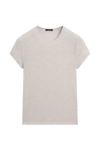 Lichtgrijs T-shirt met korte mouwen en ronde hals, met een gladde textuur, plat weergegeven tegen een witte achtergrond.