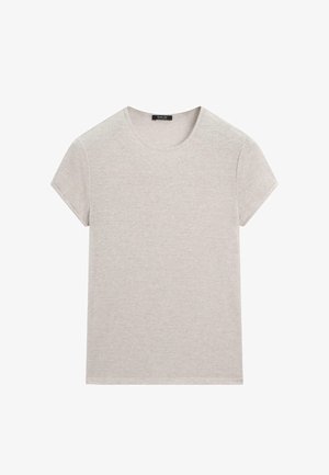 Maglietta a maniche corte color grigio chiaro con scollo rotondo, dalla texture liscia, mostrata distesa su uno sfondo bianco.