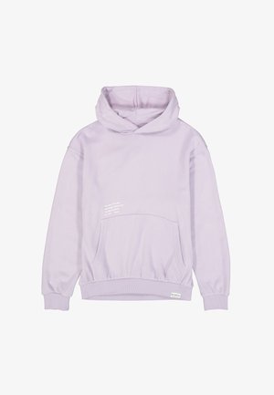 Hellvioletter Kapuzenpullover mit Kängurutasche, gerippten Bündchen und Saum. Verfügt über dezente weiße Schrift auf der Vorderseite. Weiches Baumwollmaterial.
