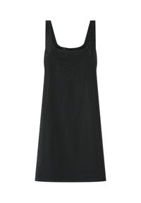 Vestido negro sin mangas con escote cuadrado, diseño de corte texturizado y ajuste suelto, confeccionado en tela transpirable.