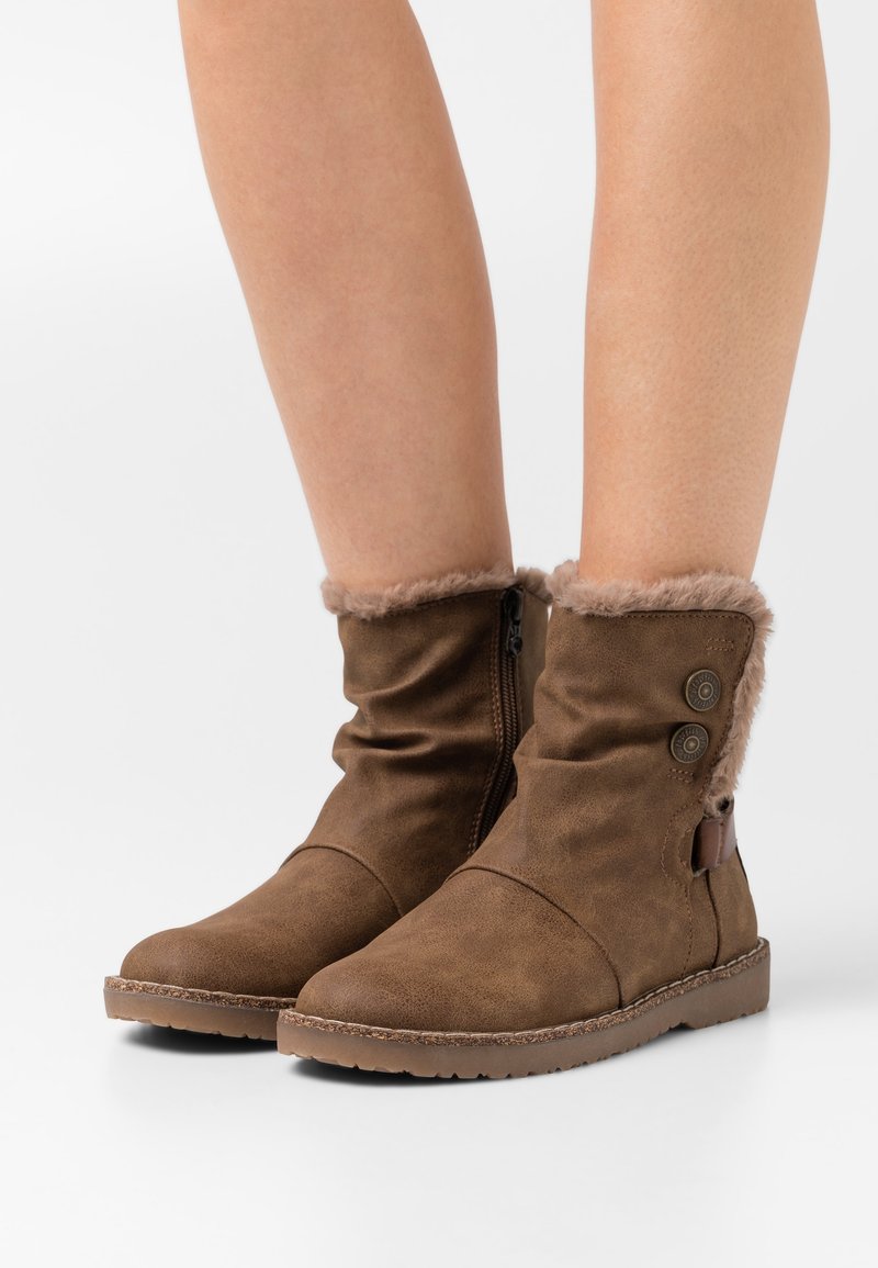 Botas de tobillo marrones hechas de suave cuero sintético, con un puño de piel sintética, cremallera lateral y dos botones decorativos en el lado exterior.