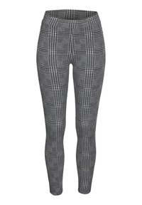 Gray plaid leggings featuring a stretchy fabric with a high waistband, designed with square and line patterns in black and white.