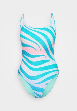 Costume intero in acquamarina e rosa, con strisce ondulate e pois. Spalline sottili regolabili, tessuto morbido e scollatura curva.