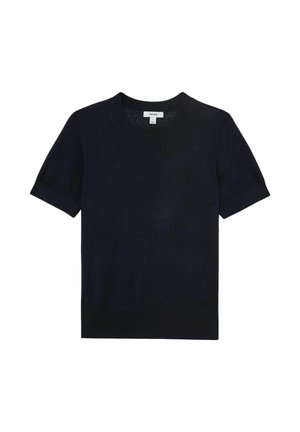 Czarny krótki sweter dzianinowy z okrągłym dekoltem oraz prążkowanymi mankietami i dołem, oznaczony metką "Reiss" w rozmiarze medium.