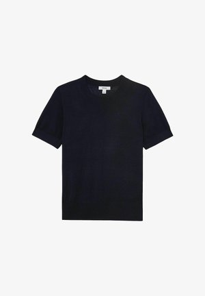 Sort kortærmet strikket sweater med rund halsudskæring og ribstrikkede manchetter og kant, mærket "Reiss" i størrelse medium.