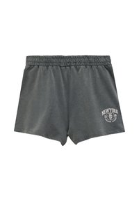 Grijze shorts met een elastische tailleband, voorzien van een witte bedrukte logo en tekst. Gemaakt van zachte stof, hebben ze een eenvoudig, casual ontwerp.