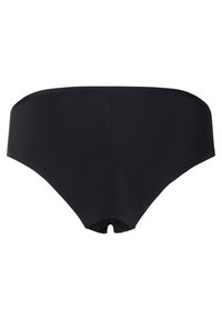 Zwarte bikini onderkant met een gladde structuur, hoog in de taille ontwerp en een kantafwerking aan de achterkant. Effen stof zonder zichtbare patronen of accenten.