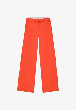 Bright orange wide-leg trousers with belt loops and a small heart-shaped buckle at the waistband, displayed flat on a white background.