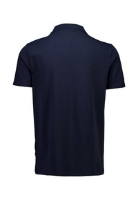 Granatowa, krótka koszulka polo z kołnierzykiem, wykonana z bawełny, o gładkiej fakturze i dyskretnym logo na dole.