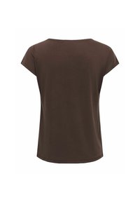 T-shirt marron uni à manches courtes vu de dos avec un col rond et une couture simple à l'ourlet.