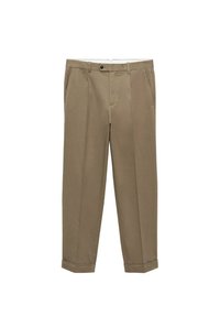 Pantaloni marroni, affusolati con una consistenza liscia. Presentano due tasche anteriori e una chiusura con bottone singolo. Orli con risvolto per una finitura curata.