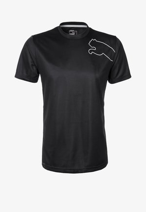 Zwart sport T-shirt met korte mouwen, ronde hals en wit omrande puma-logo aan de rechterbovenkant van de borst.