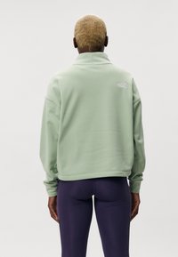 Ljusgrön sweatshirt med ståkrage, som har en liten vit logotyp på övre delen av ryggen. Mjuk, texturerad tyg.