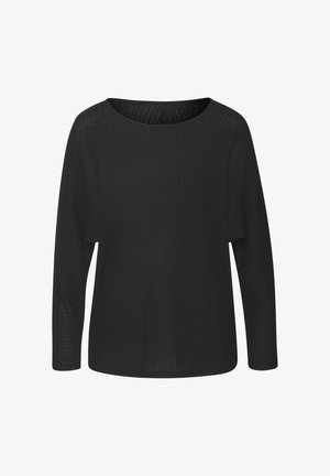 Schwarzes Langarm-Top mit weitem Ausschnitt, gerippter Textur und lockerem Schnitt. Verfügt über ein dezentes Muster über dem Brustbereich.