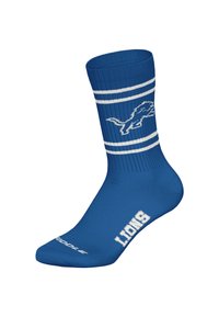 Niebieskie skarpetki z białymi paskami, ozdobione logo lwa i napisem "LIONS". Wykonane z elastycznego materiału, zaprojektowane z myślą o komforcie i dopasowaniu.