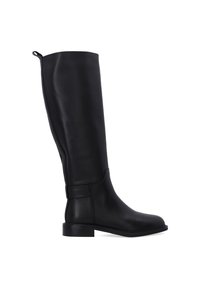 Czarne skórzane botki do kolan o gładkim wykończeniu, zaokrąglonym nosku, lekkim słupku oraz pętelce do ściągania na górze. Prosty design.