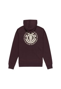 Sudadera de color púrpura oscuro con un logo circular beige en la parte posterior que presenta un símbolo de árbol y las palabras "Fuego, Tierra, Viento, Agua" alrededor.