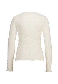 Witte longsleeve trui met een gestructureerd bloemenpatroon, golvende randen en een ronde halslijn, met een aansluitend ontwerp.