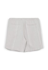 Pantaloni corti grigi chiari con un motivo tessuto testurizzato. Presentano una vita elastica e due tasche posteriori.