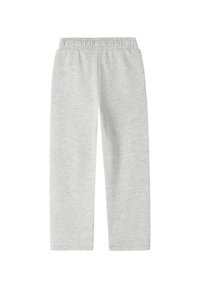 Jasnoszare spodnie dresowe wykonane z miękkiej bawełnianej mieszanki, z elastyczną gumką w pasie i prostymi nogawkami. Bez widocznych kieszeni i wzorów.