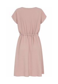 Pink dress made of lightweight fabric, featuring a relaxed fit, short sleeves, an elastic waist, and a knee-length hem. No patterns or embellishments.
