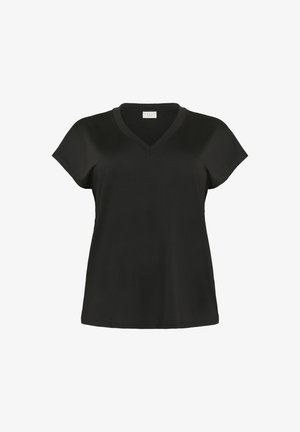 Black short-sleeve top with a V-neck design, made of smooth fabric. Features a relaxed fit and minimalistic styling.