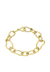 La pulsera de cadena de metal en tono dorado presenta óvalos alargados interconectados con un acabado suave y un cierre de broche seguro.